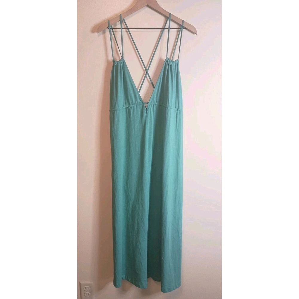 Zara Turquoise Open Back Midi Dress Cotton Strappy Summer Beach Size M